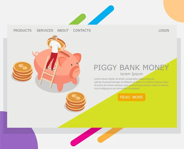Piggy Bank vector de dinero página web plantilla de diseño de landing page — Vector de stock