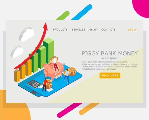 Piggy banco dinheiro vetor site modelo de design de landing page — Vetor de Stock