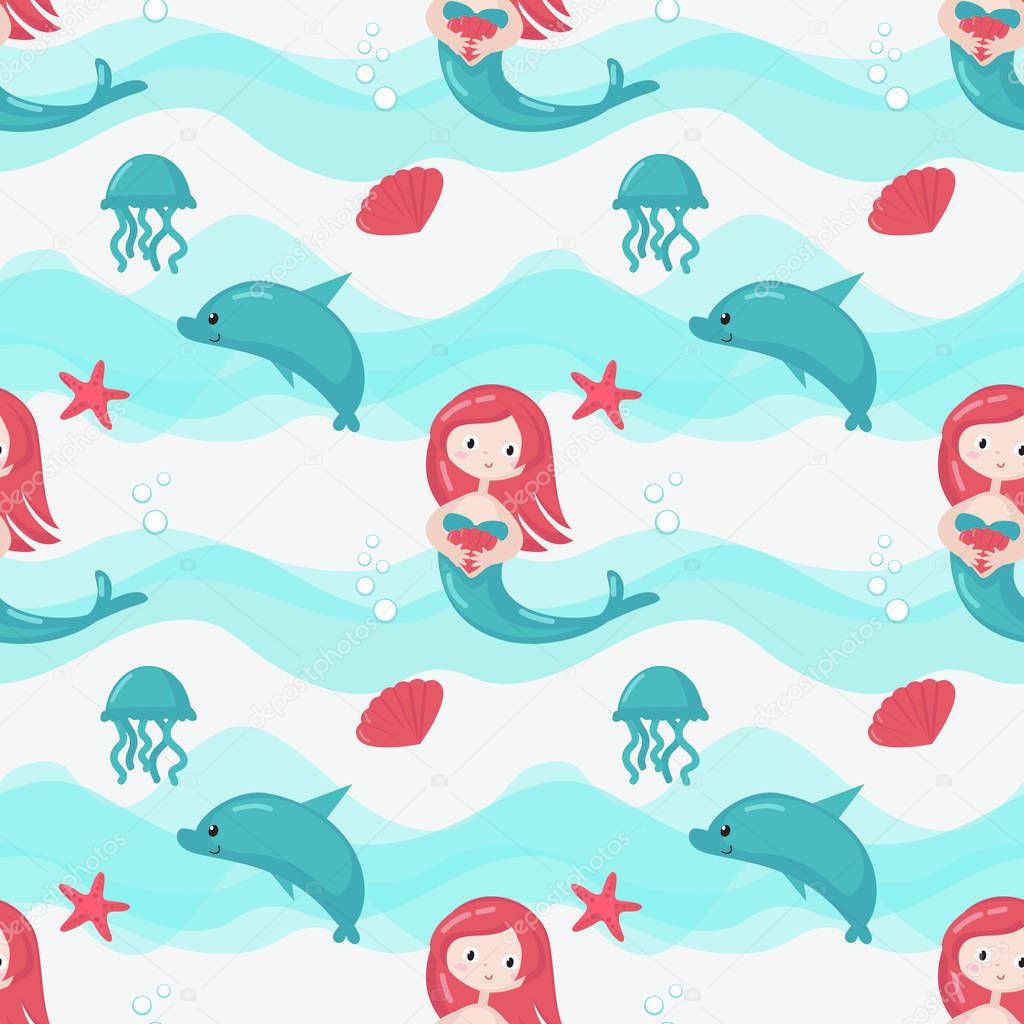 Vector seamless pattern with cute little mermaids