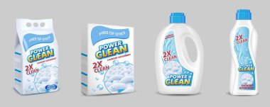 Çamaşırhane deterjan paketi mockup seti, vektör gerçekçi çizim