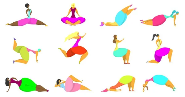 Conjunto de iconos de mujeres fitness, ilustración de diseño de estilo plano vectorial — Vector de stock