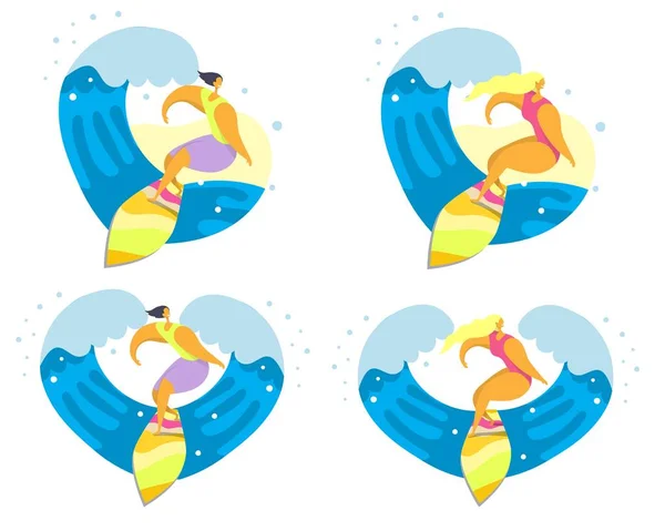Conjunto de ícones de surfista, ilustração isolada plana vetorial — Vetor de Stock