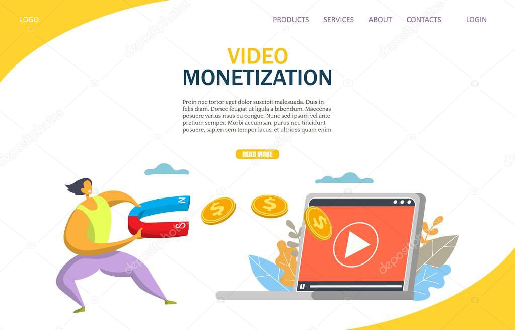 Video monetization vector website template, web page and landing page design for website and mobile site development. Monetize video, making money from videos concept.