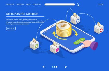 Online sadaka bağış vektör web sitesi açılış sayfası tasarım şablonu