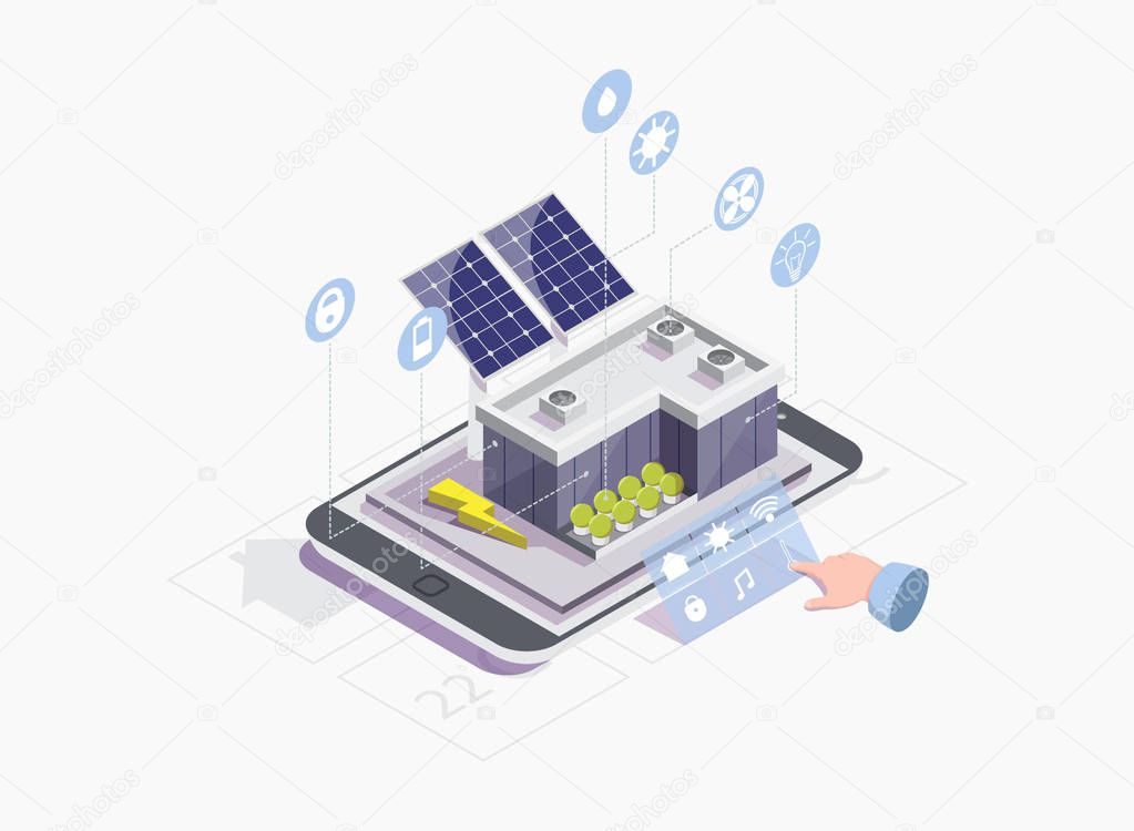 Solar photovoltaics PV industry and smart home systems controlled via smartphone, vector isometric illustration. Iot, renewable energy and smart grid technology concept for web banner, website page.