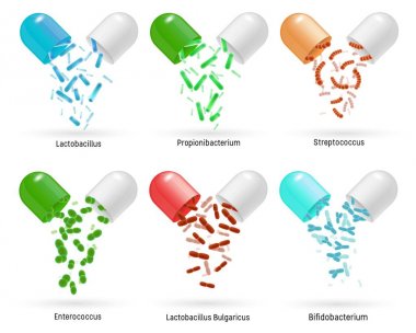 Probiotics pills set, realistic vector isolated illustration clipart