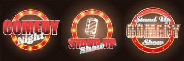 Vektör set stand up komedi gösterisi retro afiş etiketleri