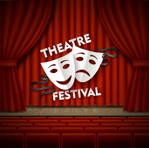 Theatre festival stage and audience seats vector poster template — Stock Vector