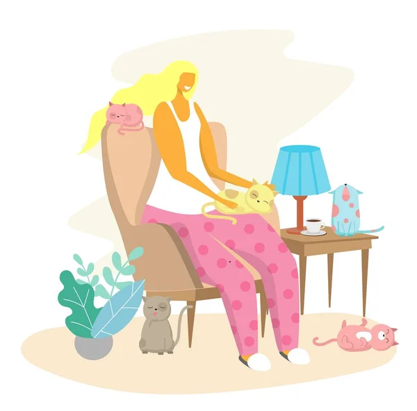 Woman and her cats vector flat style design illustration — 스톡 벡터