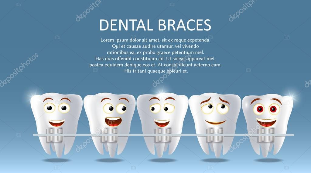 Dental braces vector poster banner template. Cute happy teeth with metal braces. Orthodontic treatment, bite correction or jaw alignment concept.