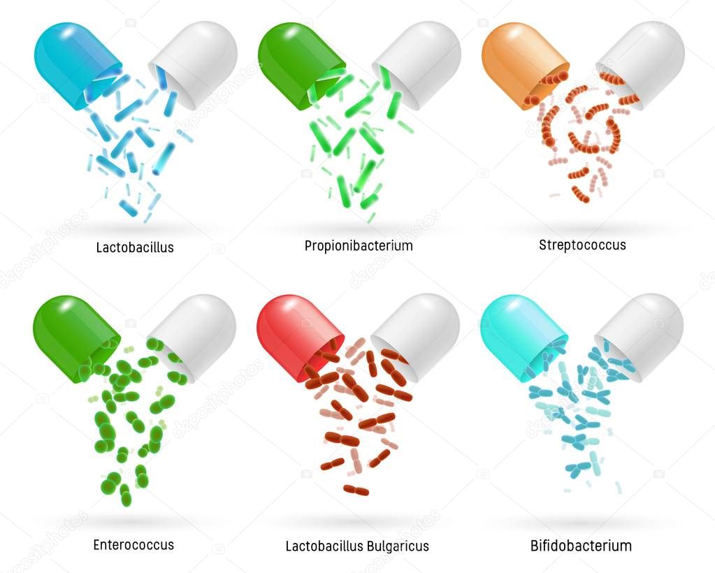 Probiotics pills set, realistic vector isolated illustration