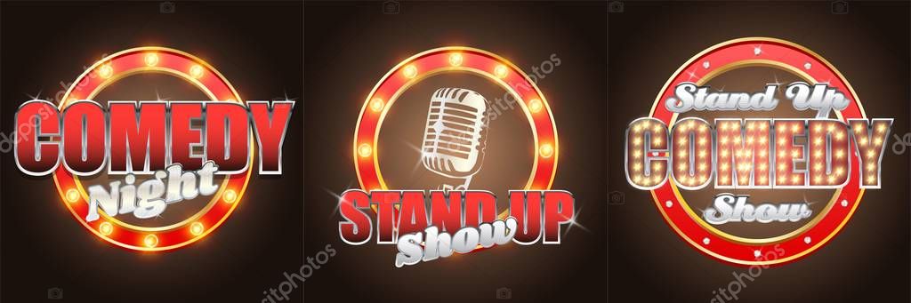 Stand up comedy show night label, signage set, vector illustration. Standup show retro banners with glowing lights.