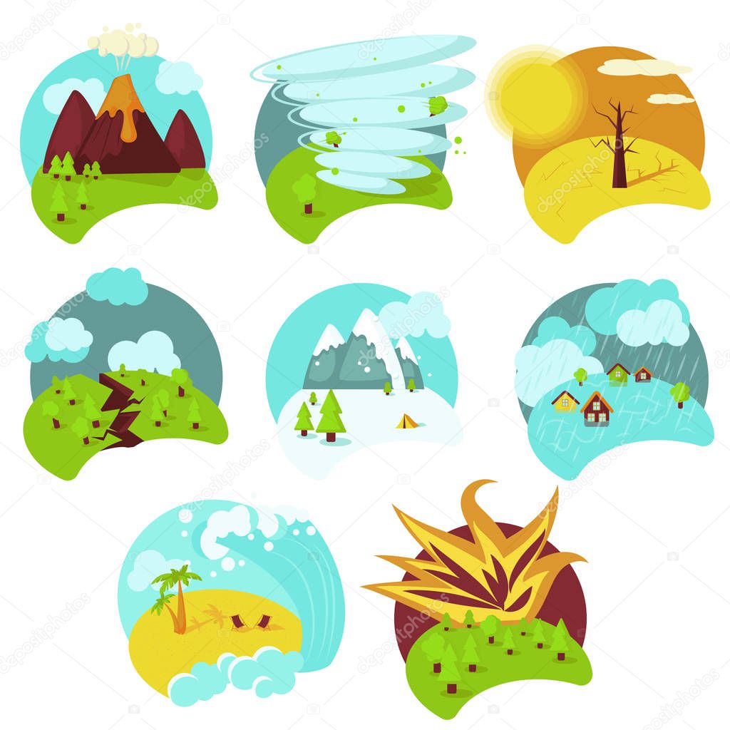 Natural catastrophe icon set, vector flat isolated illustration