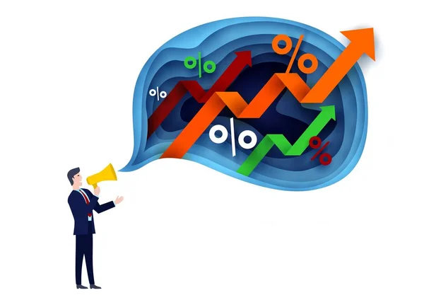 Uomo d'affari con megafono, illustrazione vettoriale in stile cartaceo — Vettoriale Stock