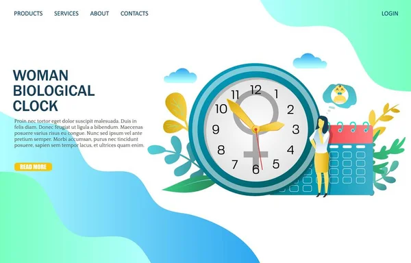 Γυναίκα βιολογικό ρολόι διάνυσμα ιστοσελίδα προσγείωση πρότυπο σχεδιασμού σελίδας — Διανυσματικό Αρχείο