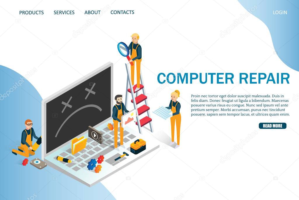 Computer repair vector website template, web page and landing page design for website and mobile site development. Maintenance, computer recovery and technical support services.