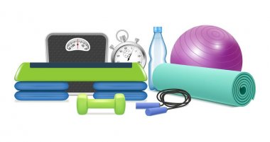 Yoga ve fitness ekipmanları, vektör gerçekçi illüstrasyon