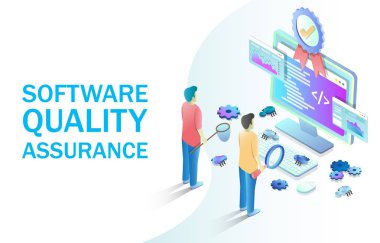 Web banner, web sitesi sayfası için yazılım kalite güvencesi vektör kavramı