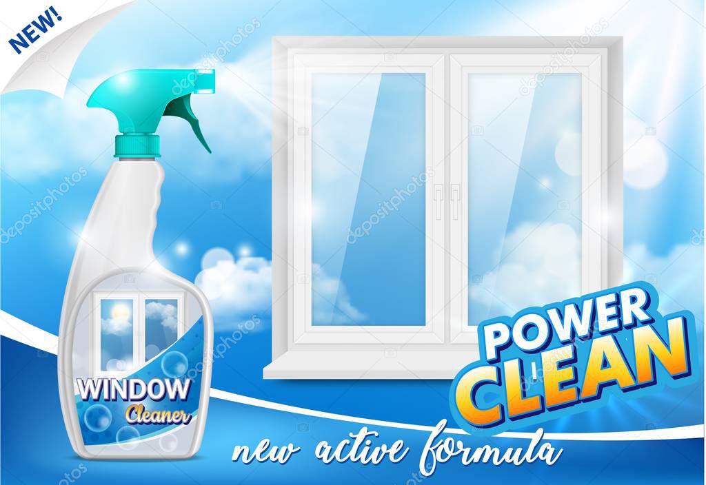 Window cleaner advertising poster, vector realistic illustration