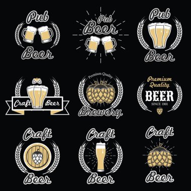 Vektör vintage bira amblemleri, logolar, rozetler ve etiketler seti