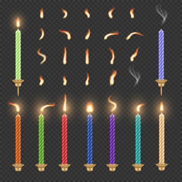 День рождения свечи и набор пламени, векторные изолированные иллюстрации — стоковый вектор