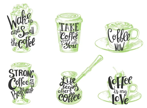 Coffee quotes hand drawn lettering, vector illustration — Stock Vector