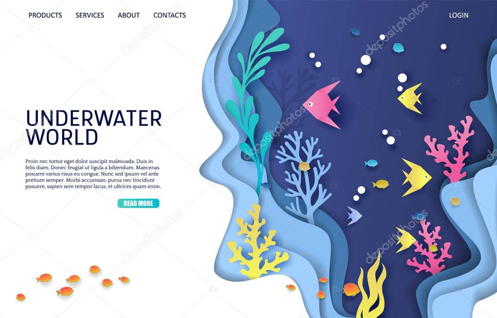Underwater world vector website template, web page and landing page design for website and mobile site development. Aquarium, undersea cave, deep ocean bottom landscape and marine life.