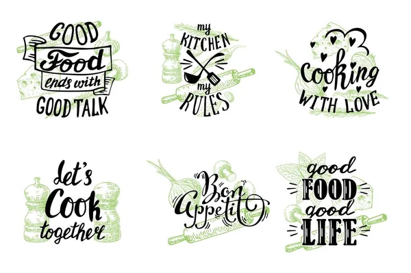 Keuken citaten hand getekende belettering, vector illustratie — Stockvector