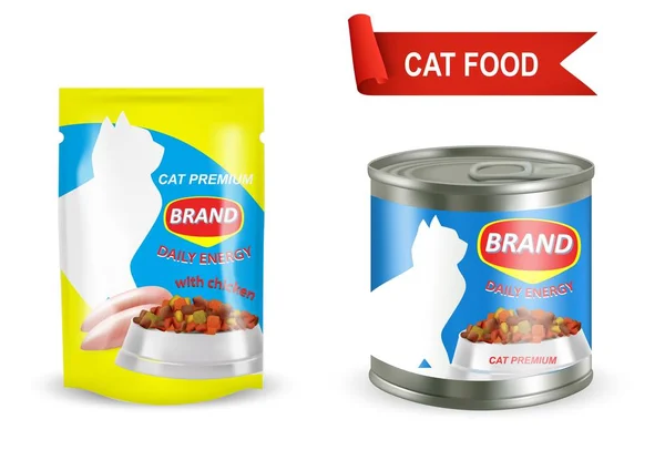 Conjunto de mockup de pacote de comida de gato, ilustração isolada do vetor — Vetor de Stock