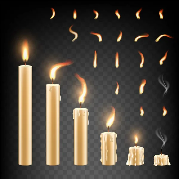 Burning candle and flame set, vector isolated illustration — Stock Vector