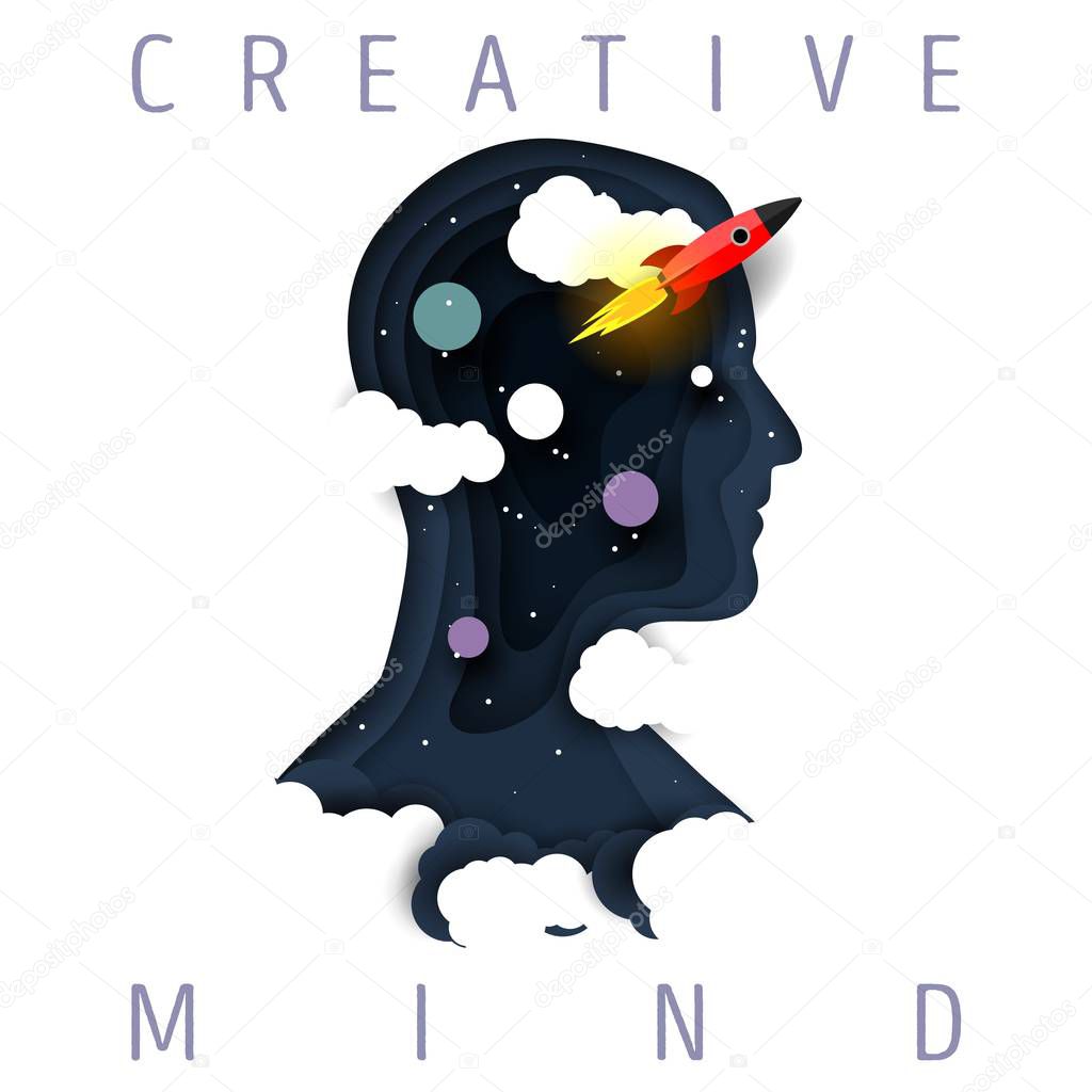 Human head silhouette with rocket, planets, clouds, vector illustration in paper art style. Creative mind concept for web banner, website page, poster etc.