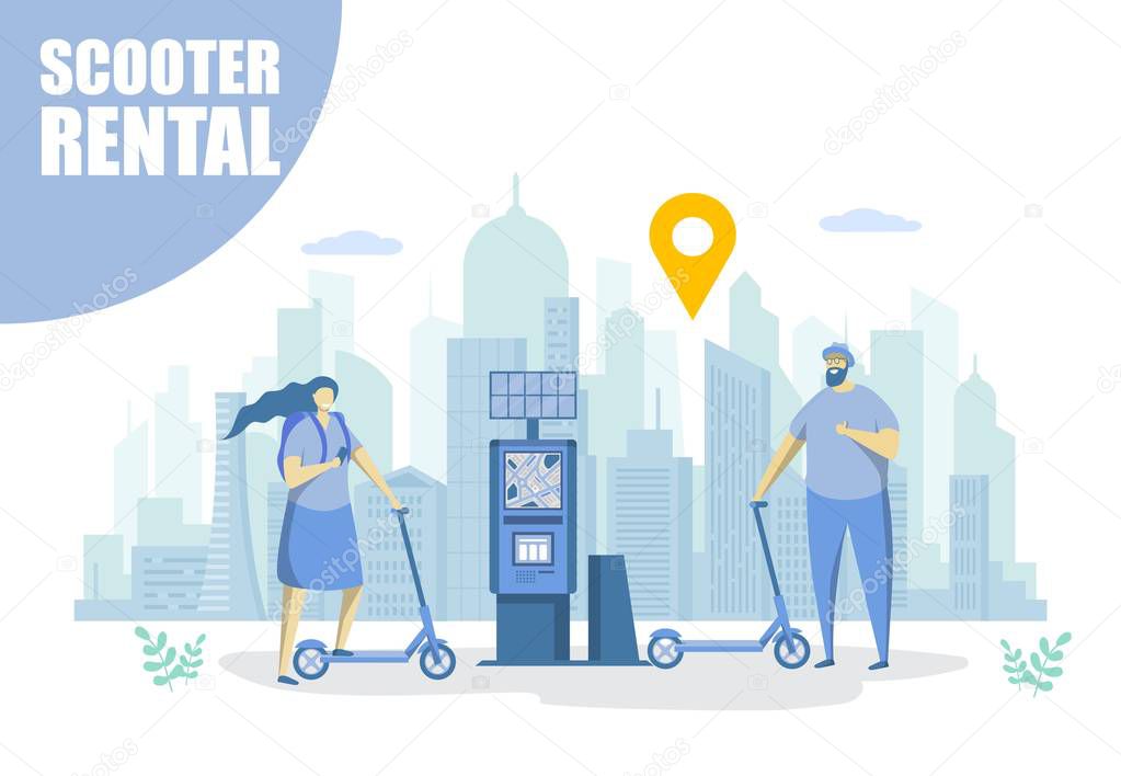 Scooter rental, vector flat style design illustration. Man and woman renting electric scooter, eco city transportation. E-scooter sharing service concept for web banner, website page, etc.
