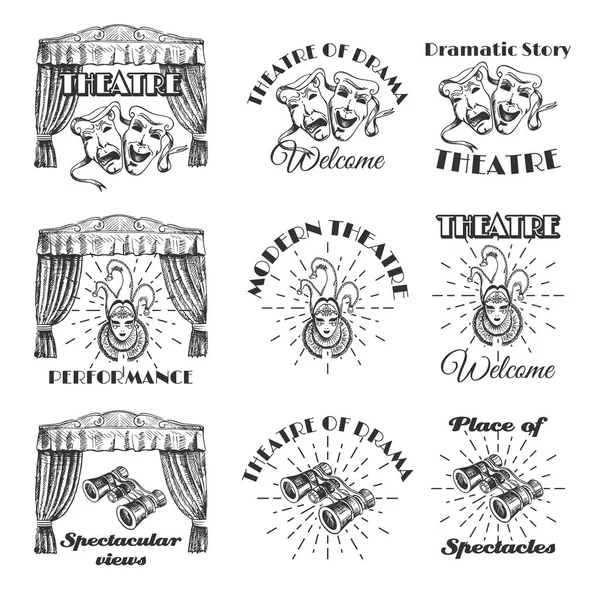 빈티지 극장 라벨, 엠블럼, 배지 및 로고 세트, 벡터 일러스트레이션 — 스톡 벡터