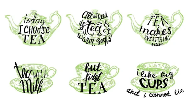 Tea quotes hand drawn lettering, vector illustration — Stock Vector