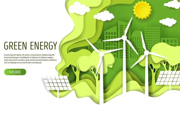 Green energy web banner template, vector paper cut illustration — Stock Vector