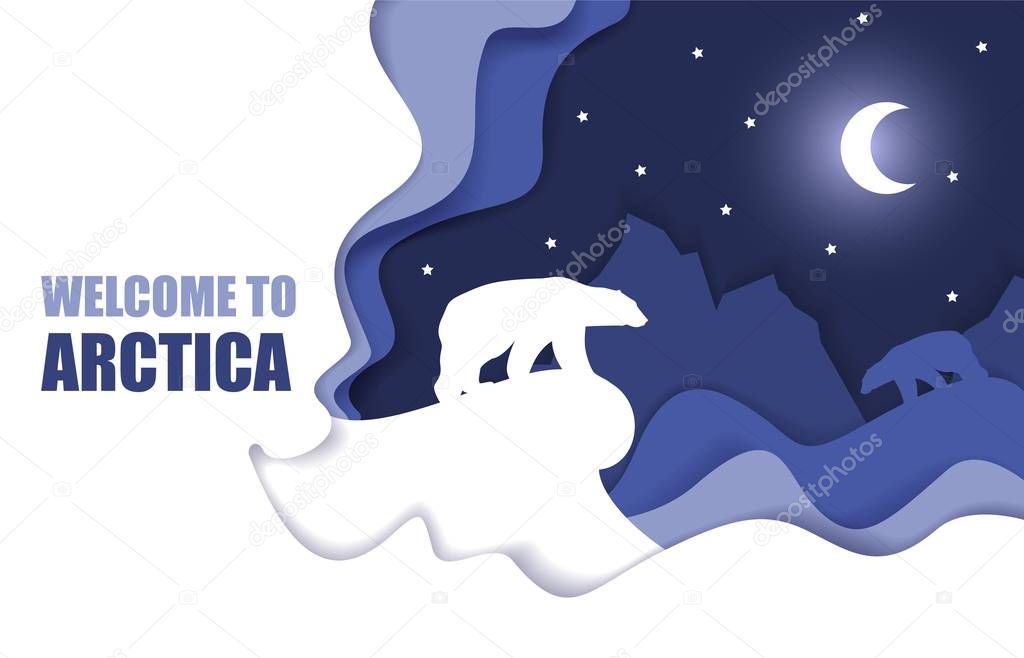 Welcome to Arctic poster, vector paper cut illustration