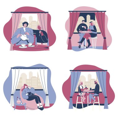 Coffeee çiftler seti, vektör düz izole illüstrasyon