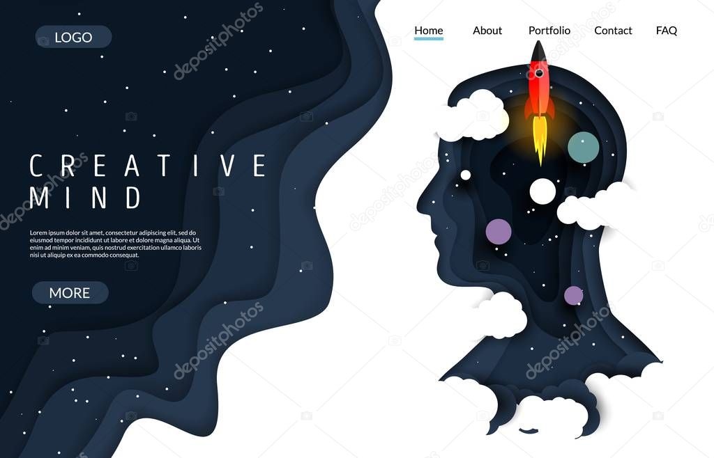 Creative mind vector website template, web page and landing page design for website and mobile site development. Paper cut human head silhouette with night starry sky, rocket and planets.