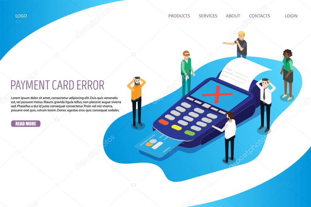 Payment card error vector website template, web page and landing page design for website and mobile site development. Pos terminal with credit card and cross mark on screen. Payment failed concept.