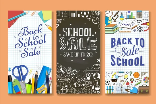 Back to school sale banner template set, vector illustration — Stock Vector
