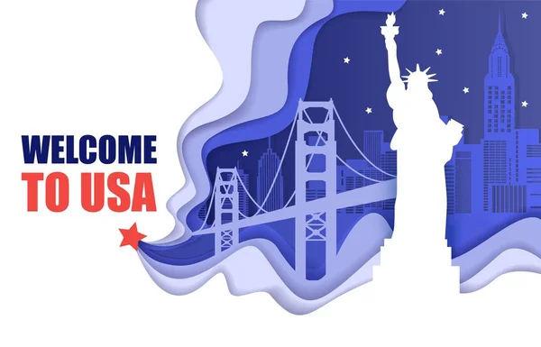 Плакат "Добро пожаловать в США", иллюстрация векторной резки бумаги — стоковый вектор
