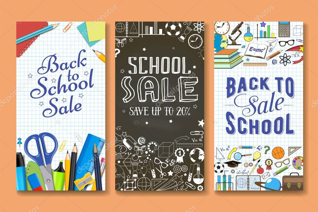 Back to school sale banner template set, vector illustration