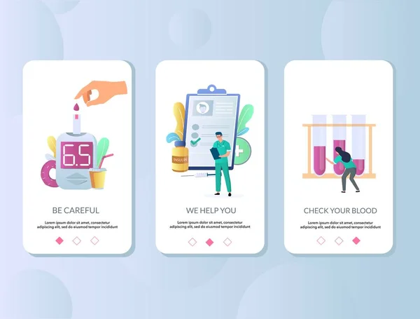 Diabetes Mobile App onboarding skärmar vektor mall — Stock vektor