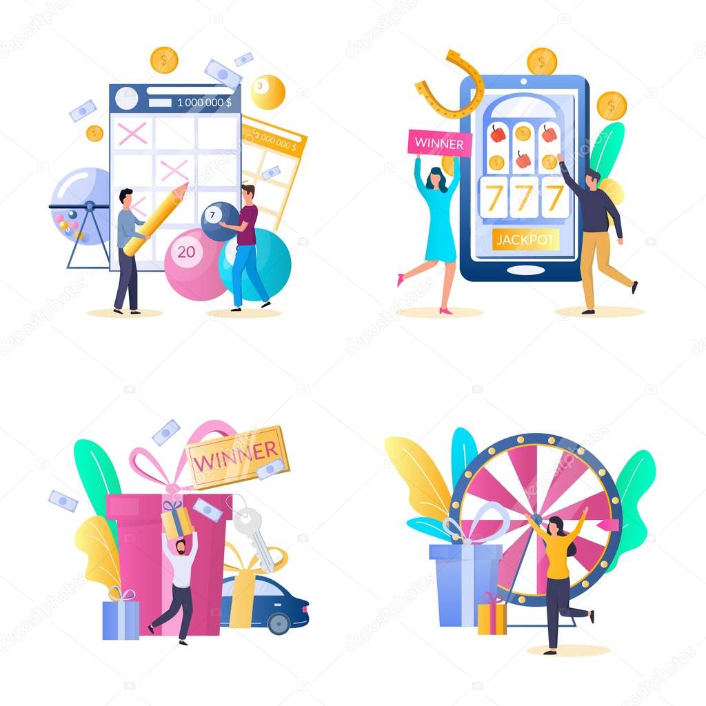 Lottery and casino gambling icon set, vector illustration isolated on white background. Lucky people playing slots, fortune wheel and bingo, keno, lotto lottery games, taking part in prize drawing.