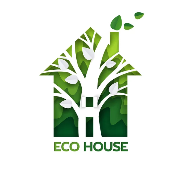 Eco casa verde, ilustración de corte de papel vectorial — Vector de stock