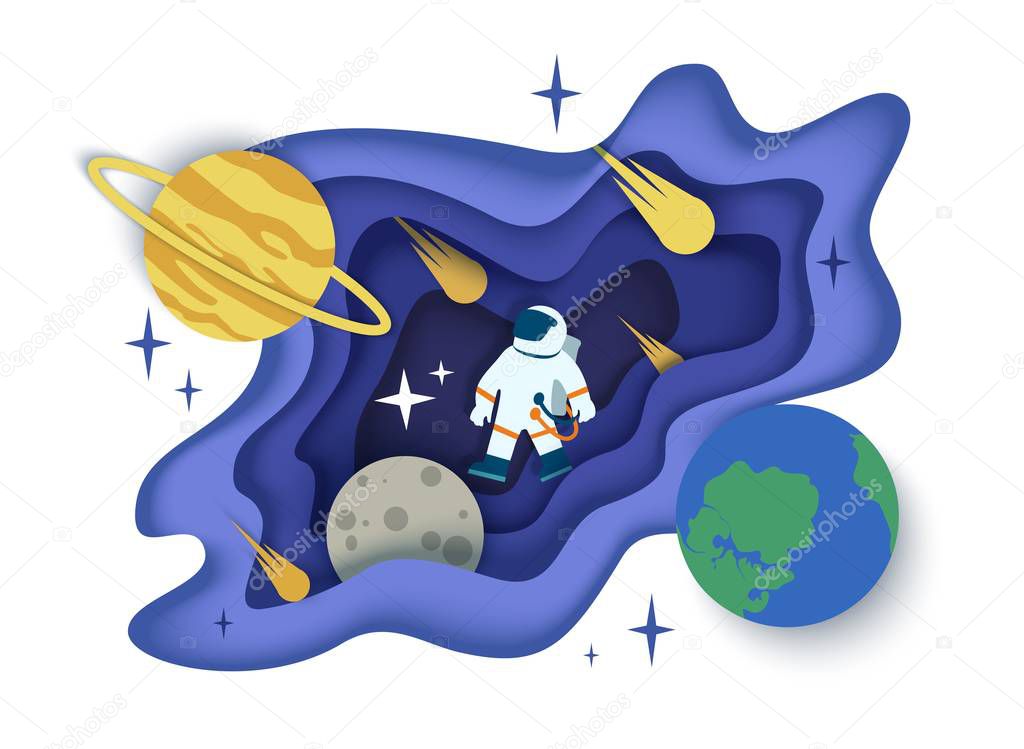 Space journey, vector illustration in paper art style