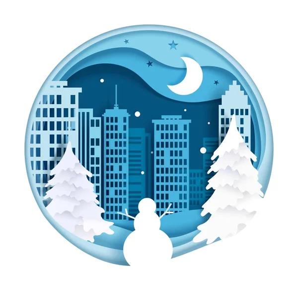 Inverno noite cidade paisagem, papel vetorial corte ilustração —  Vetores de Stock