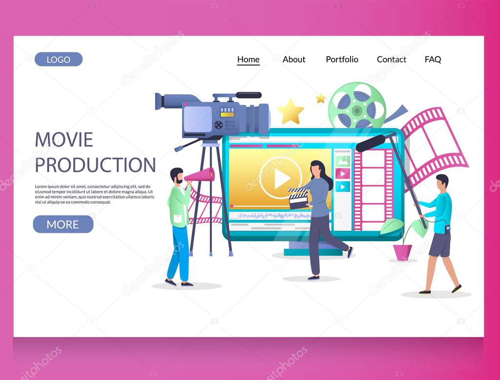 Movie production vector website template, web page and landing page design for website and mobile site development. Videography, cinematography, film making, video production.
