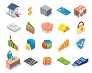 Bankacılık ve finansal simge seti, vektör biyometrik illüstrasyon