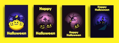 Mutlu Halloween kart seti, vektör kağıt kesme illüstrasyon